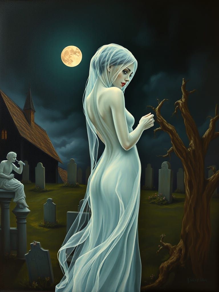 Ghostly Apparition in a Midnight Graveyard Scene