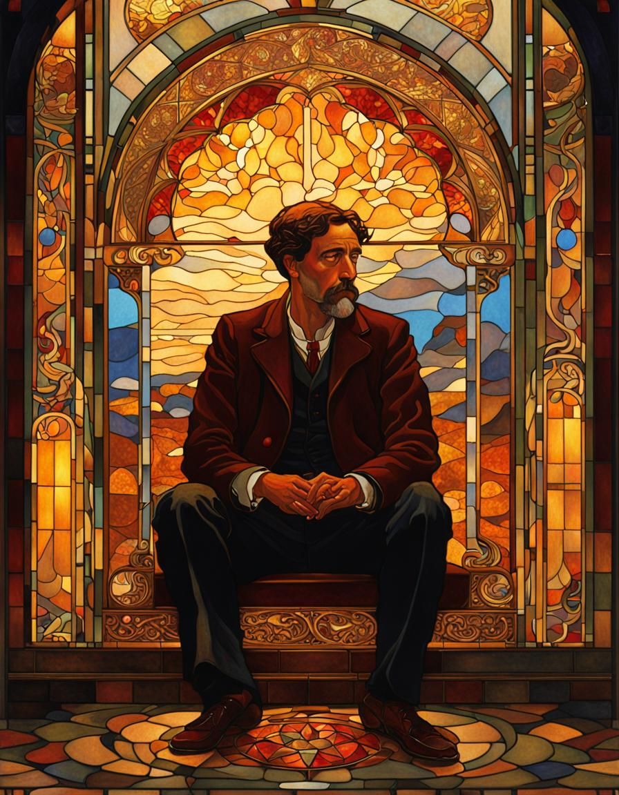 Man Contemplates Firelight in Art Nouveau Style