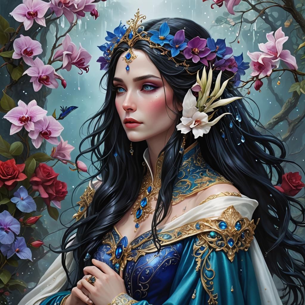 Elven Woman with Roses and Orchids in Fantasy Forest
