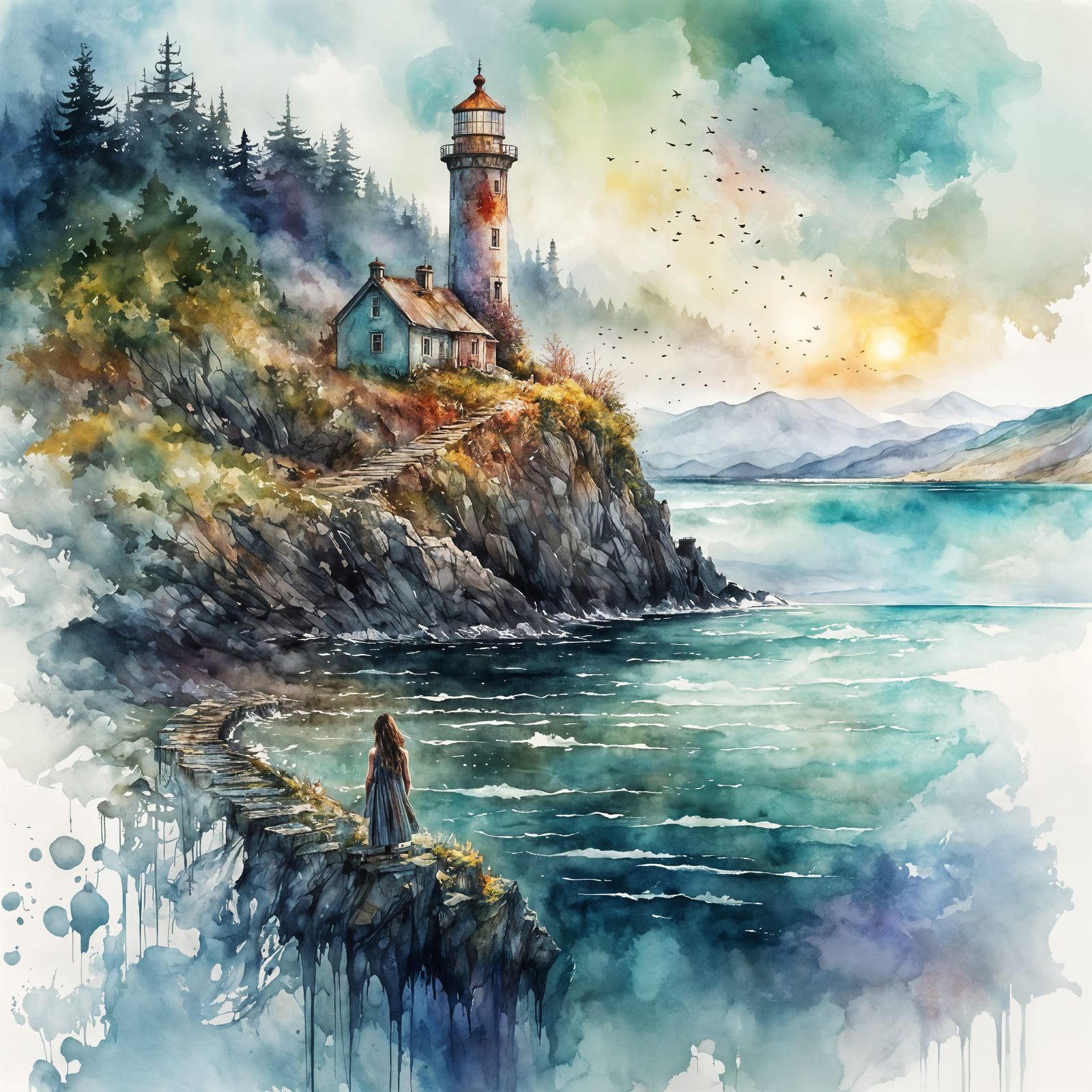 Loch Ness Monster on Scottish Coastline in Watercolor