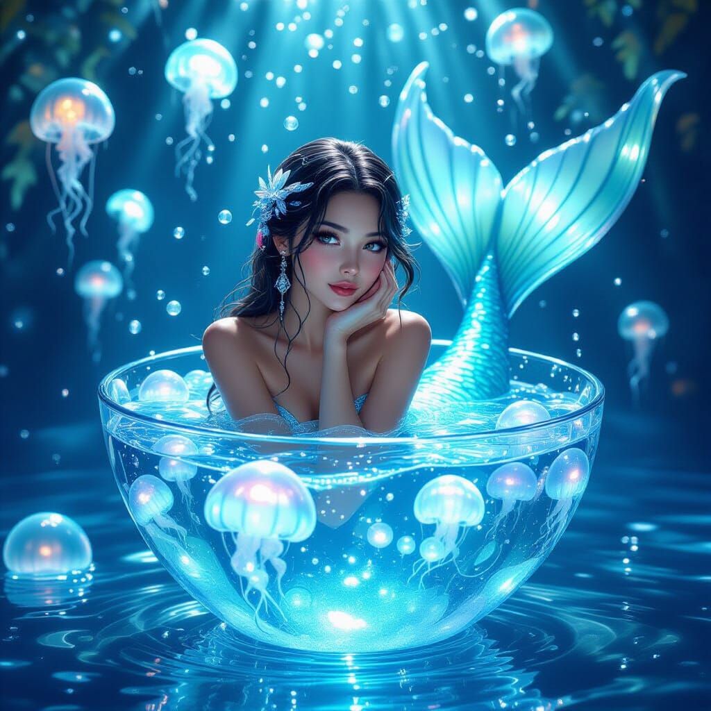Luminescent Mermaid Bathes in Jellyfish Bubbles