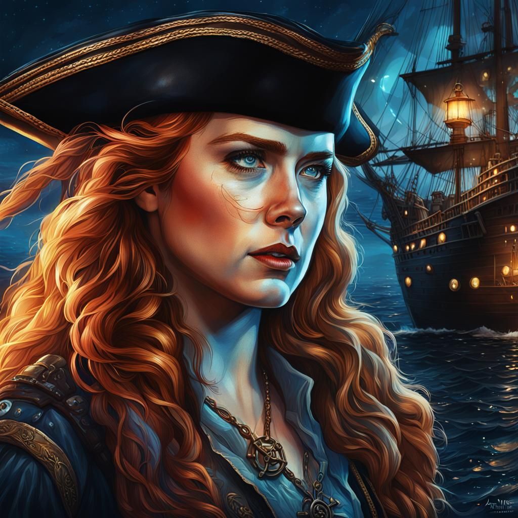 Hyperrealistic Amy Adams as a Pirate at Night