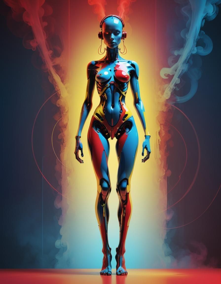 Abstract olpntng style artwork of a biopunk enigmatic full body height female, dynamic pose, half-emerging from the shad...