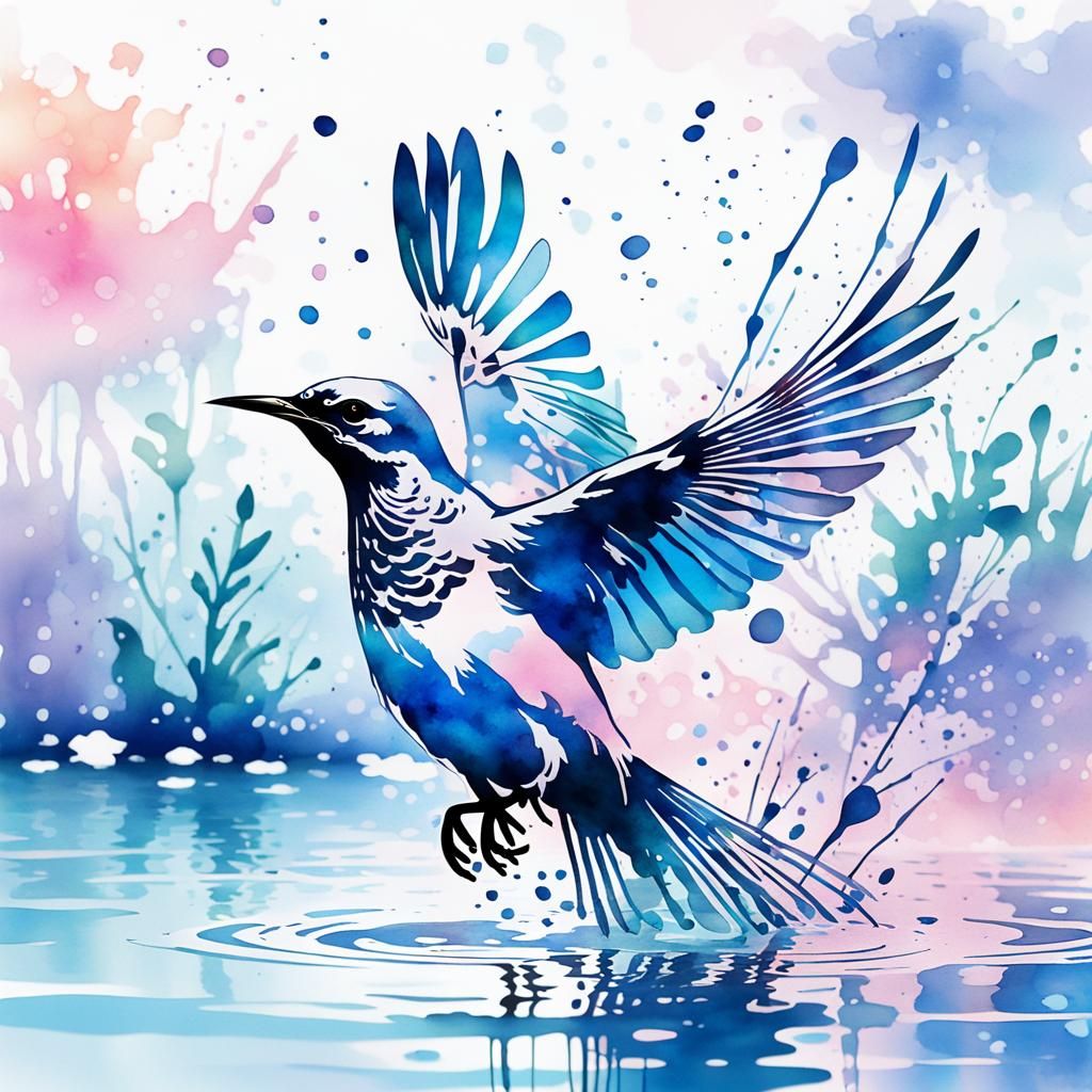 Mockingbird Silhouette Taking Flight in Watercolor