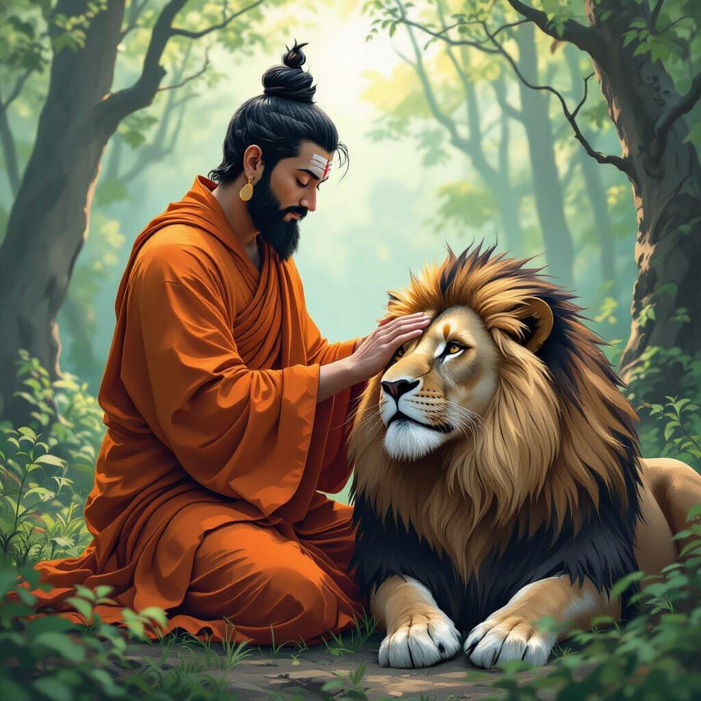 Buddha Shares Wisdom with Lion in Forest, Stylized Realism