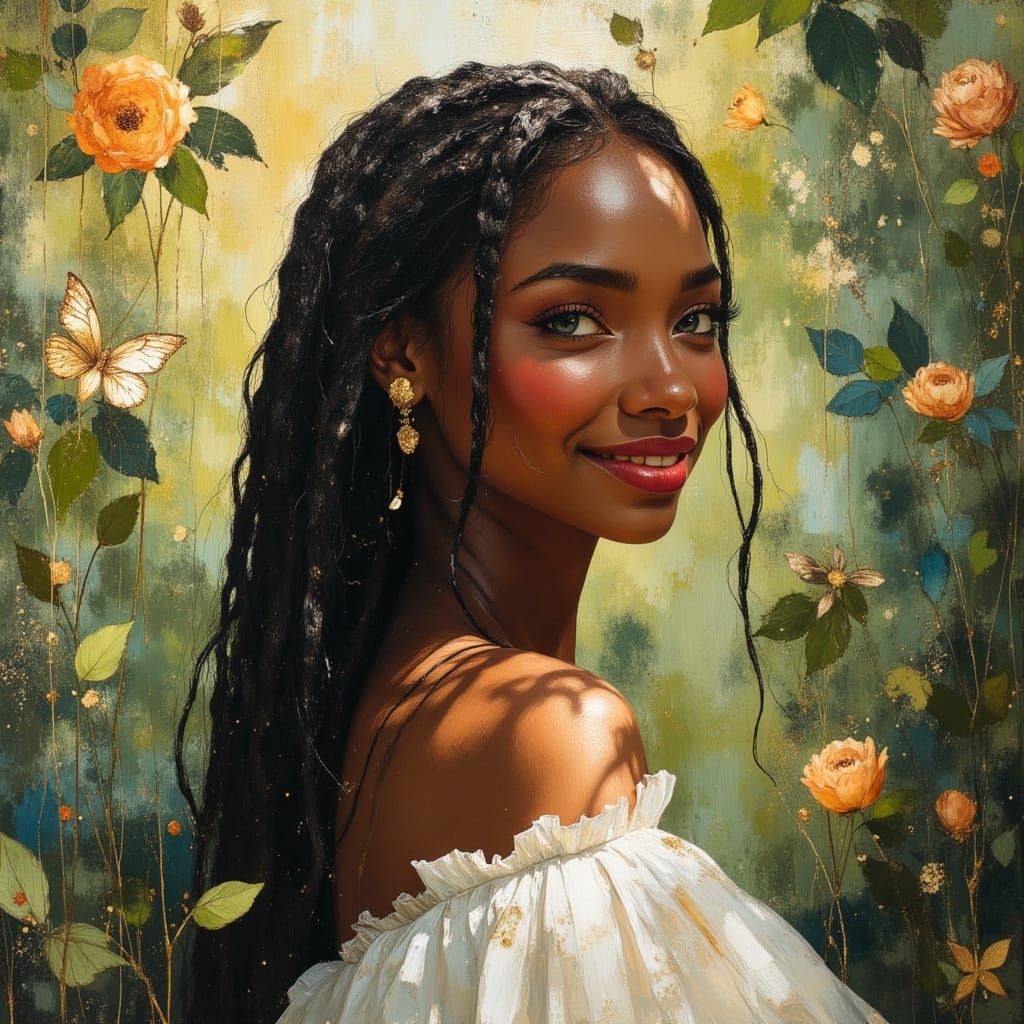 Radiant African Goddess Smiles in Lush Garden
