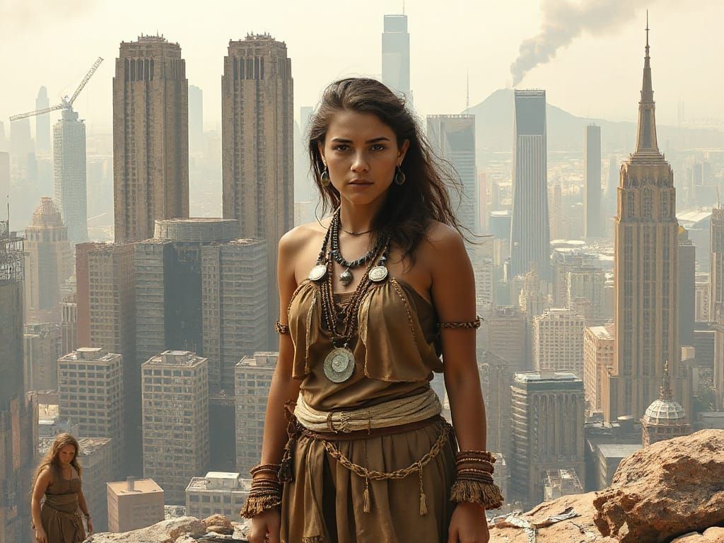 Bronze Age Woman in Dystopian Metropolis