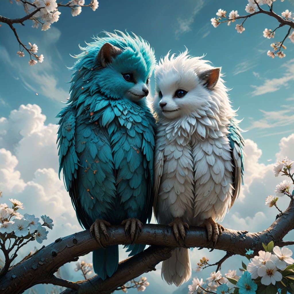 Birds in Love: Watercolor Silhouette on Flowering Branch