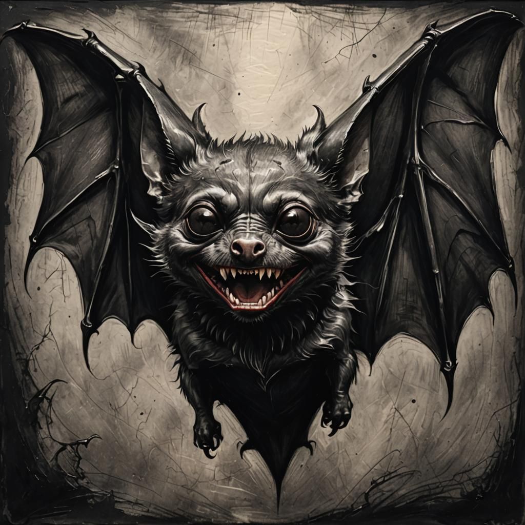 Vampire Bat with Gleaming Eyes: Gothic Charcoal Art
