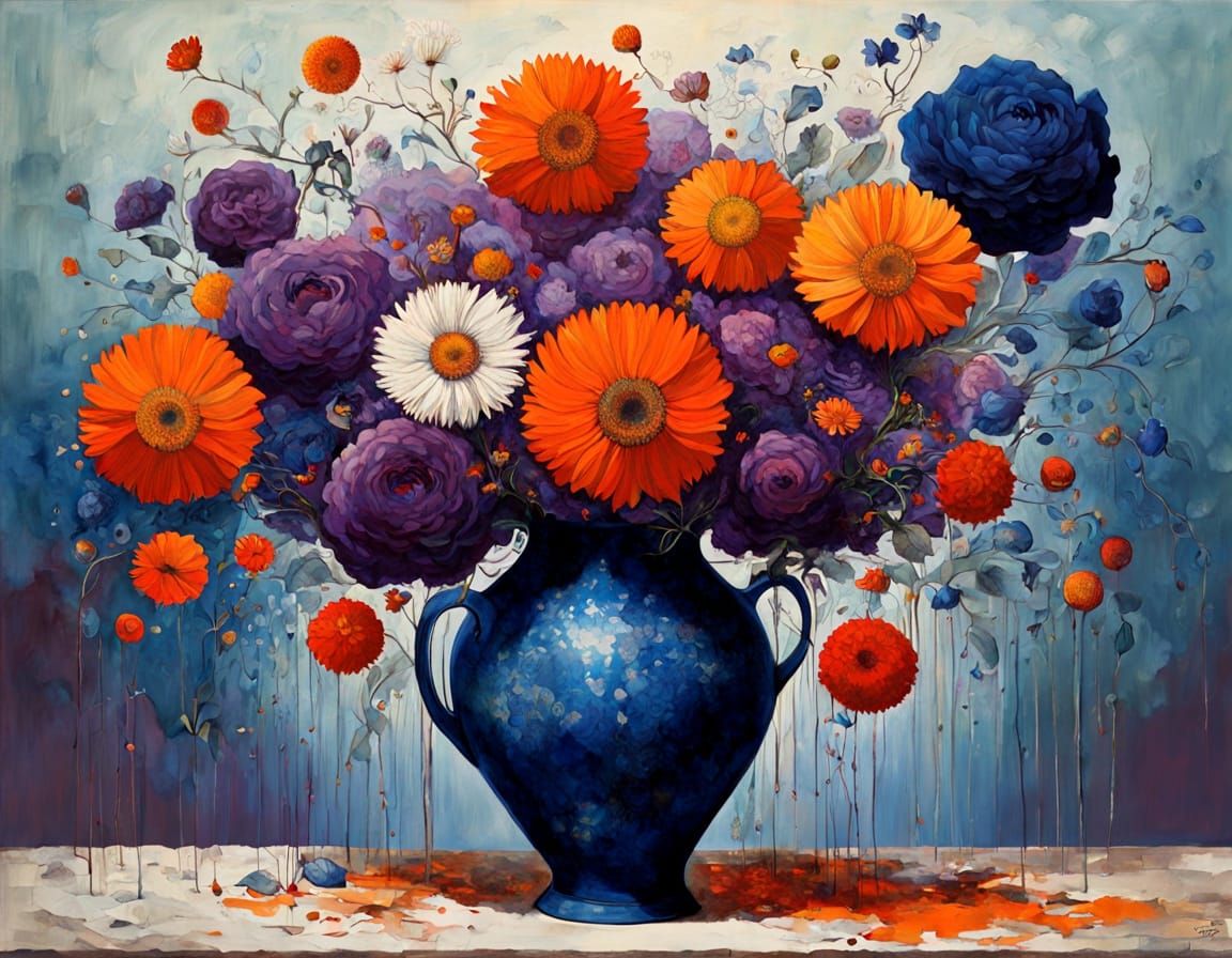 Cosmic Vase of Flowers in Surrealist Cubist Style
