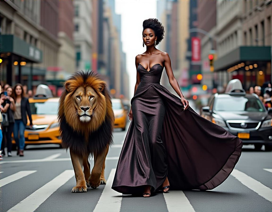 Black Woman and Lion Stroll Through New York City