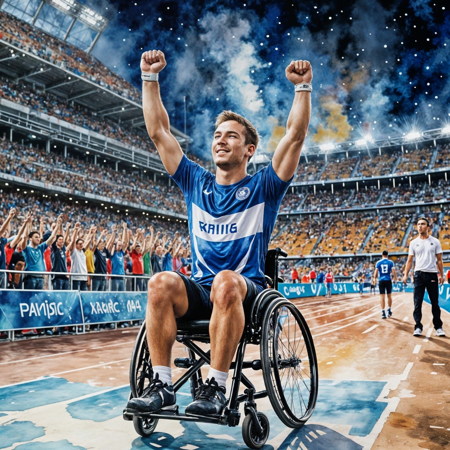 Paralympic Athlete's Victory in Paris: Watercolor Illustrati...