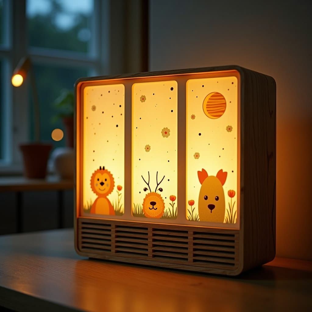 Rustic Wooden Night Lamp with Interchangeable Art Panels