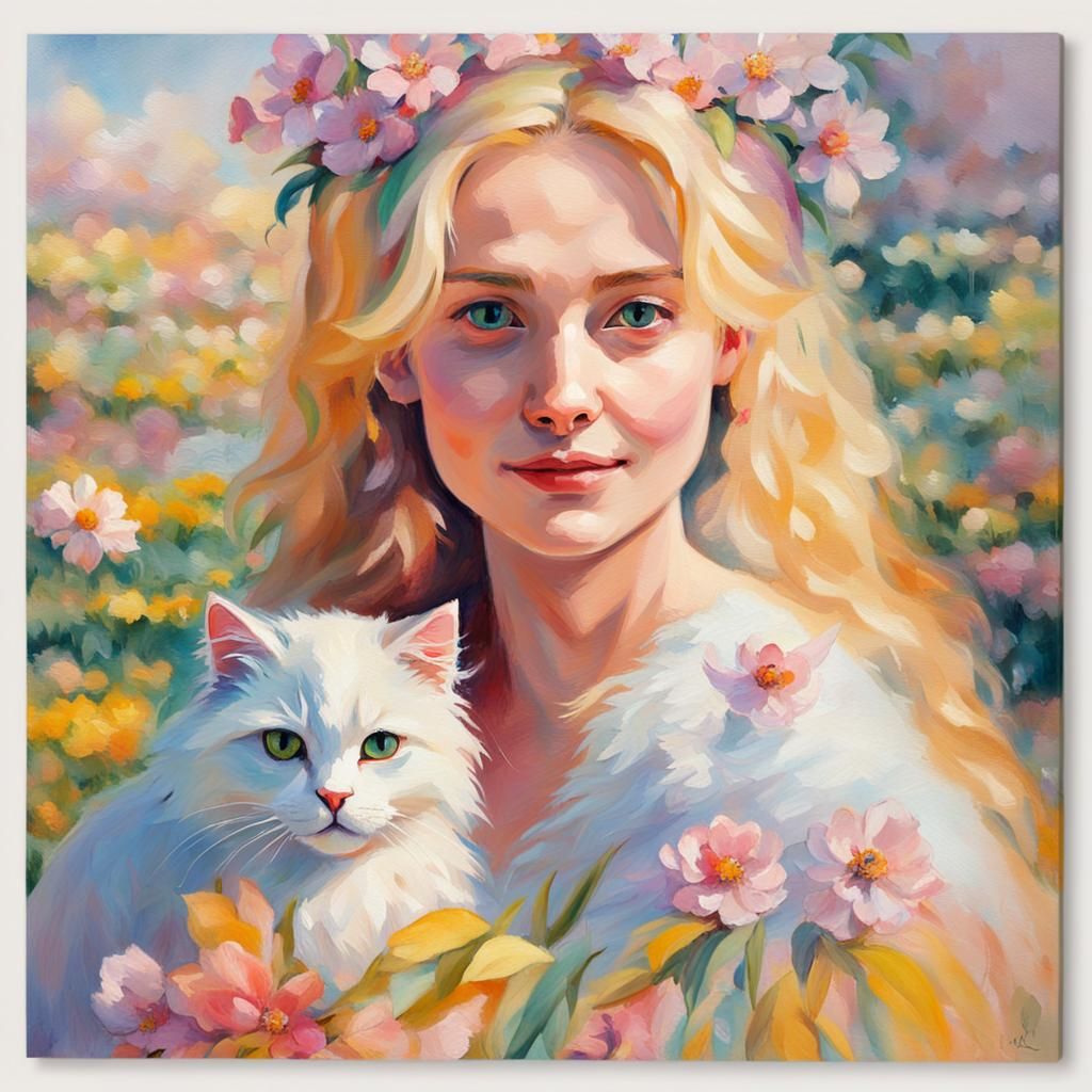 Blonde Woman with Cat in Impressionist Style