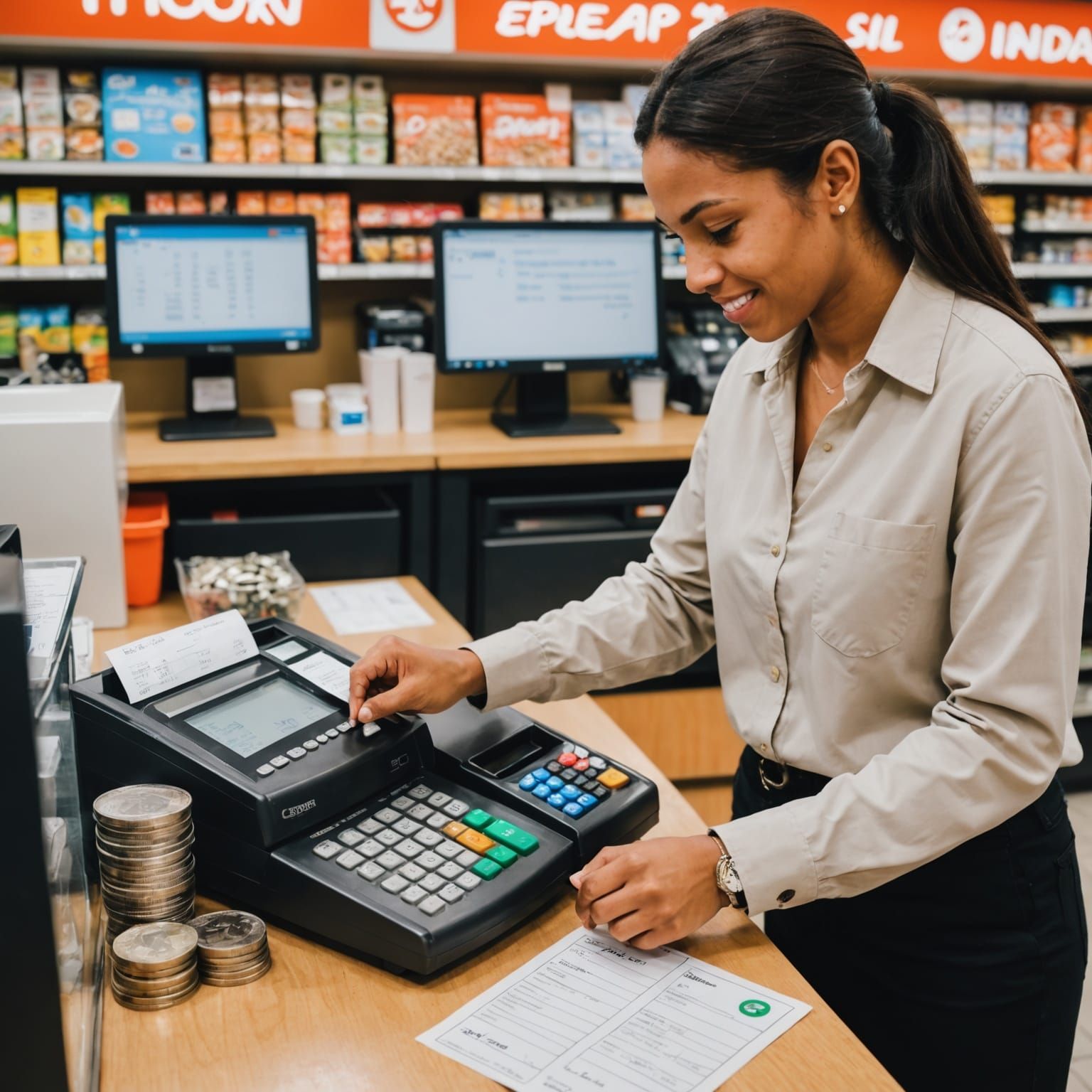 Cashier Calculating Change Using Math
