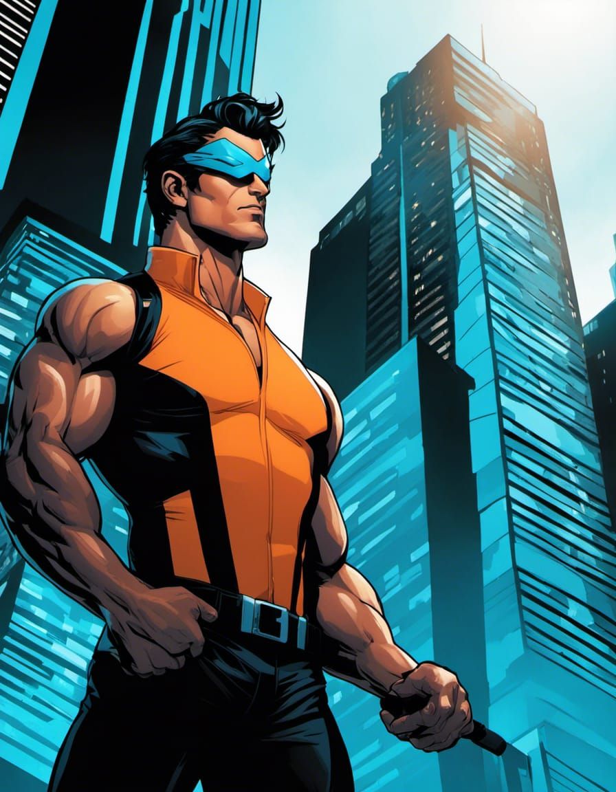 Heroic Bodybuilder Over Cityscape in Painterly Style