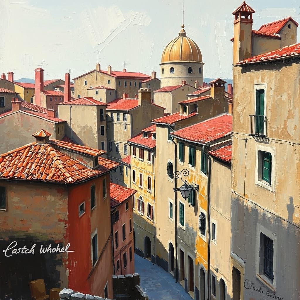 Warm-Toned Cityscape as Impasto Oil Painting