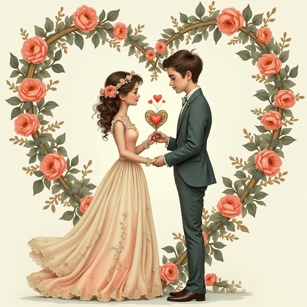 Romantic Couple in Whimsical Floral Heart