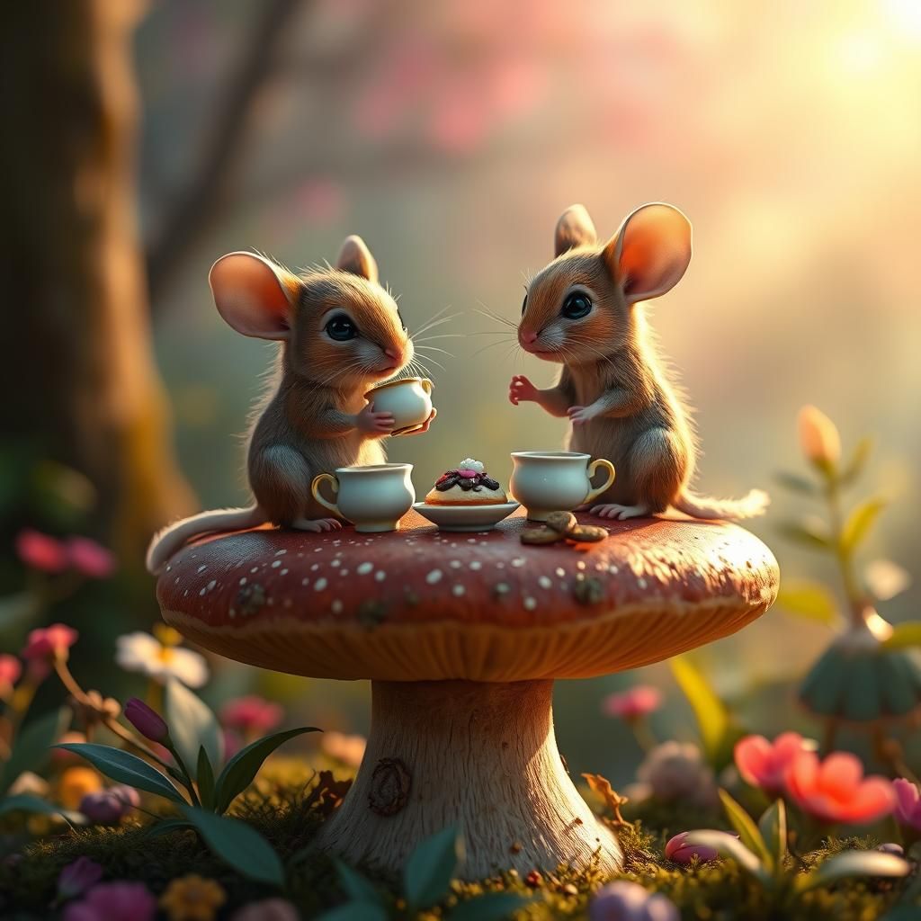 Mice Tea Party on Mushroom, Fantasy Art