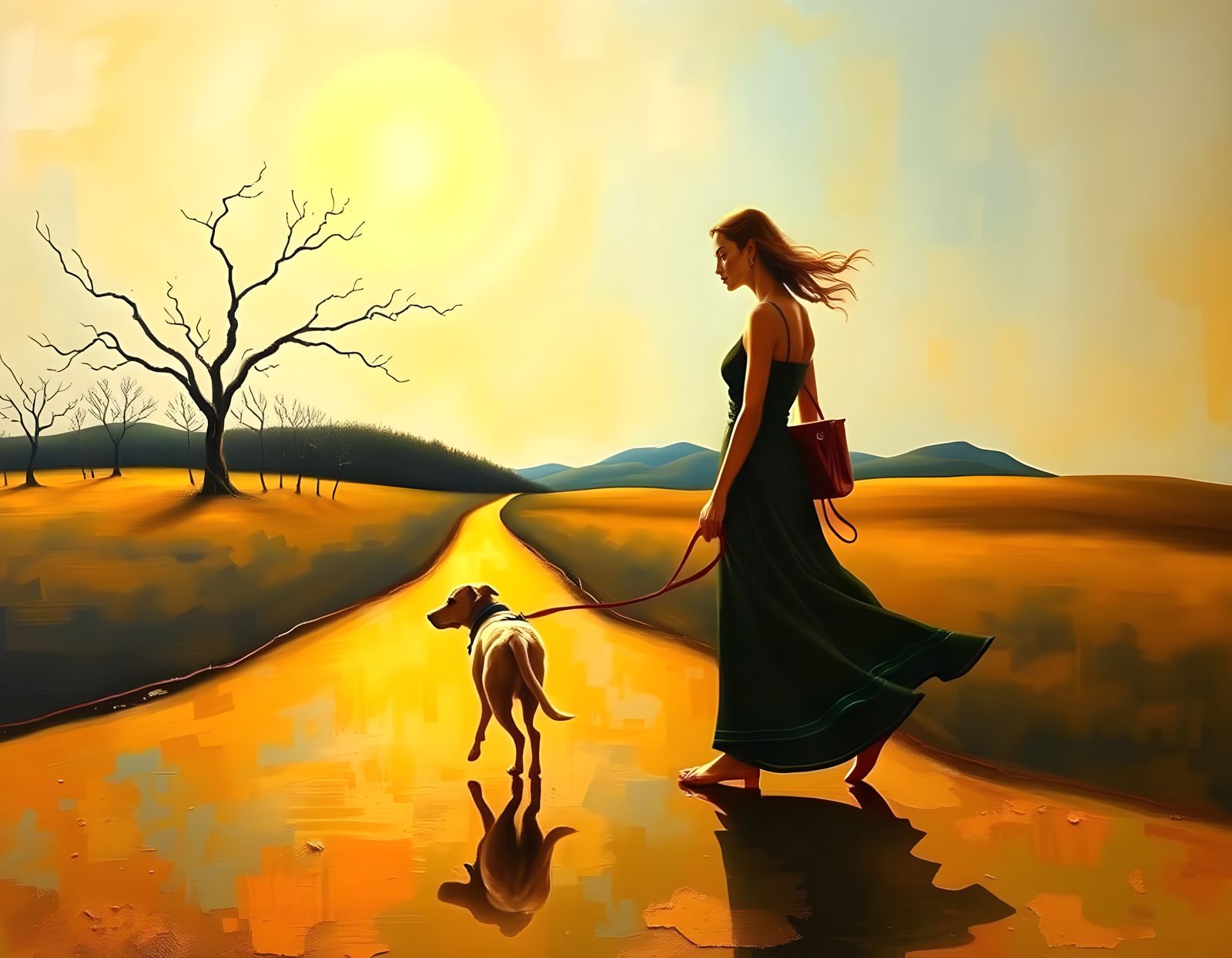 Woman Walking Her Dog in Dali Surrealism Style