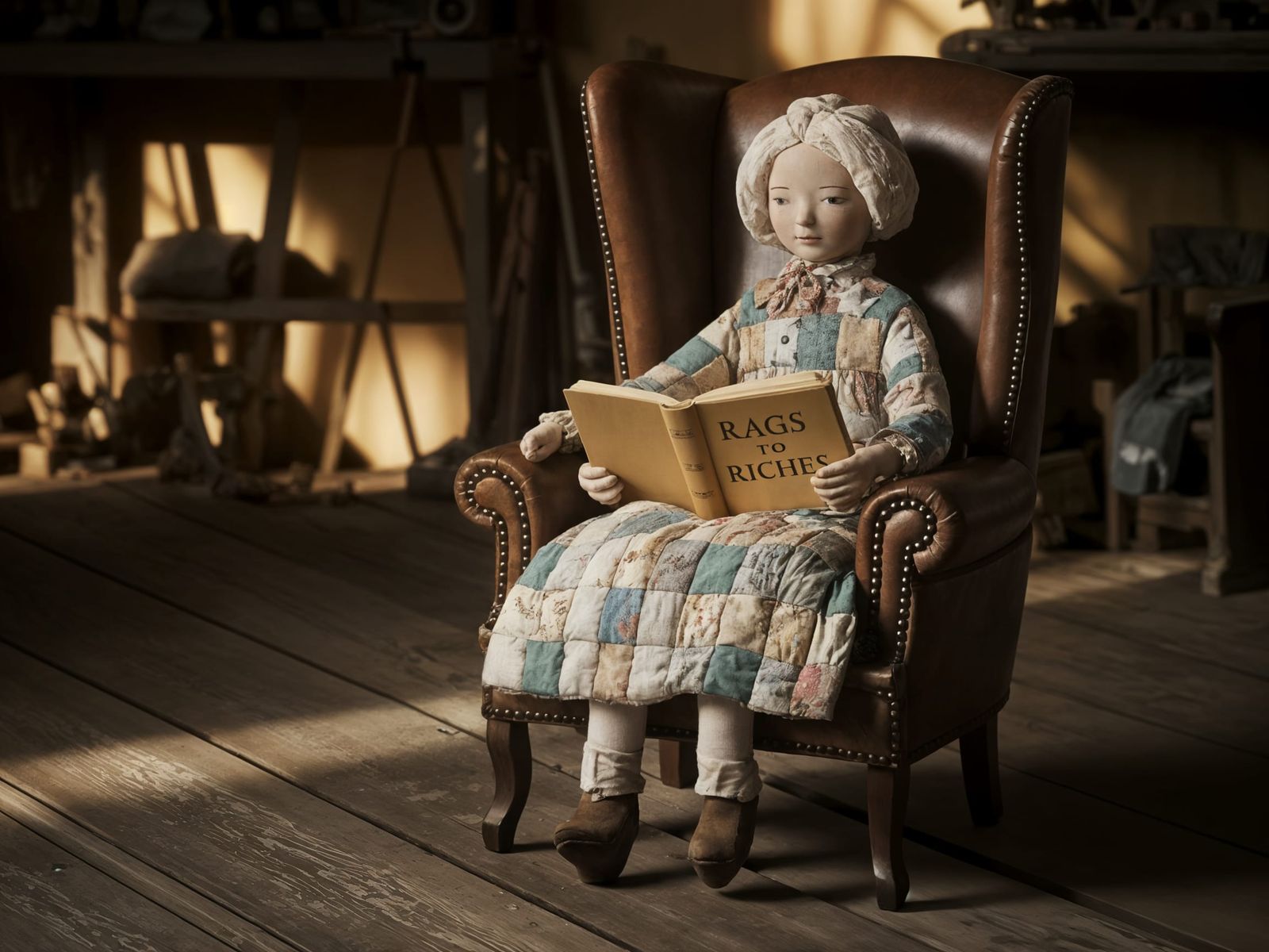 Vintage Patchwork Doll in Leather Armchair