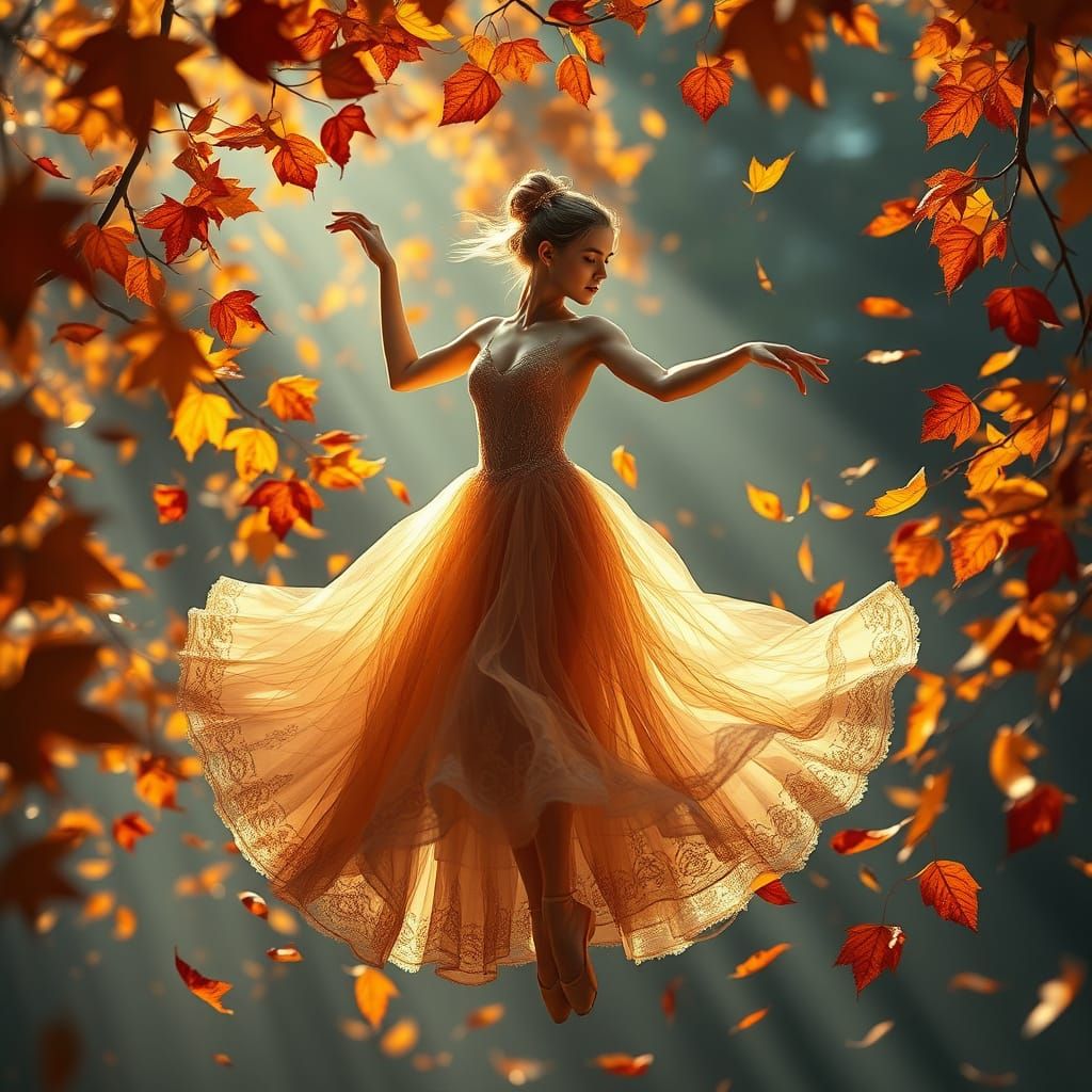 Golden Autumn Ballerina Silhouette in Whirling Leaves