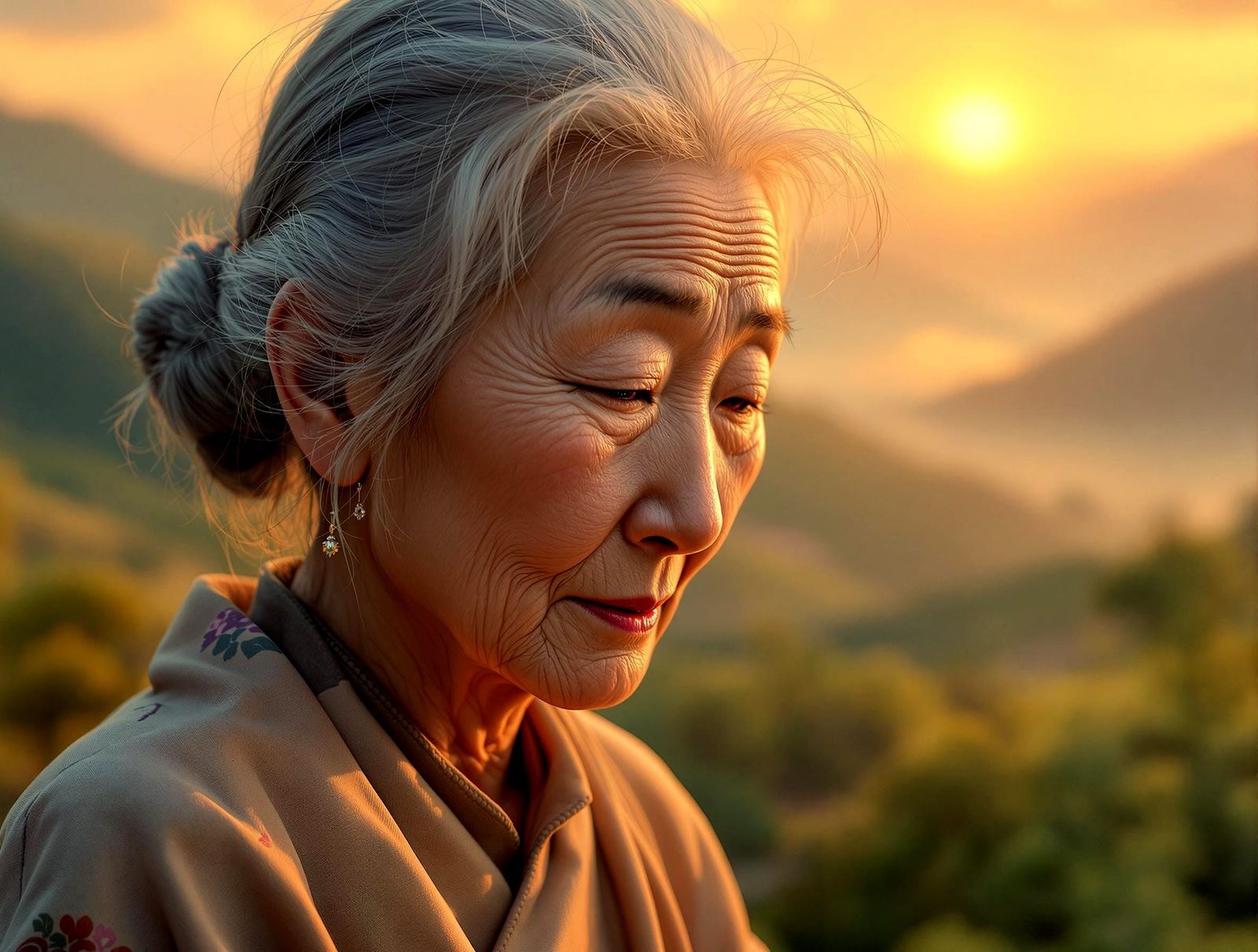 Ethereal Chinese Elder in Spring Valley Sunset