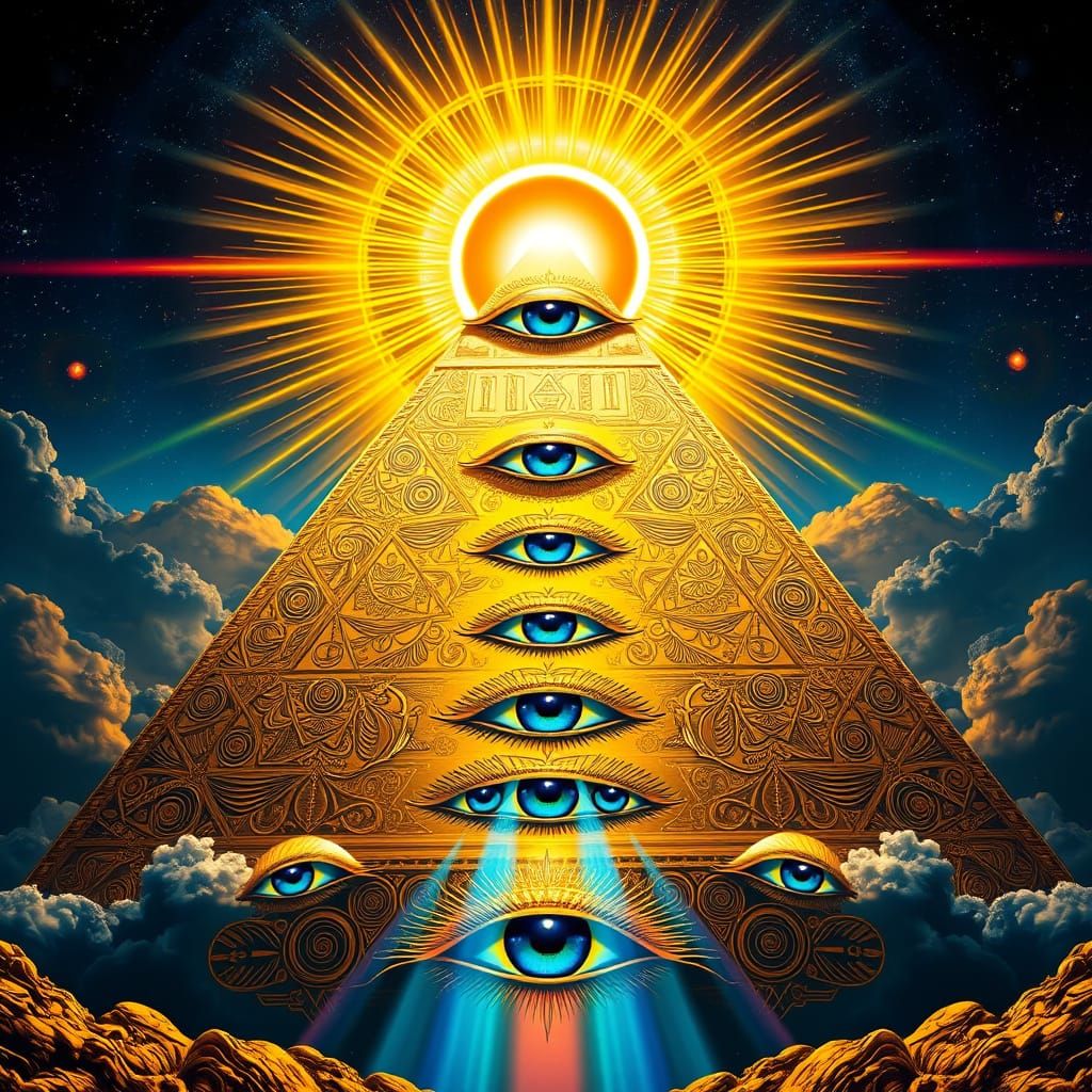 Golden Pyramid with Cosmic Eye and Celestial Light