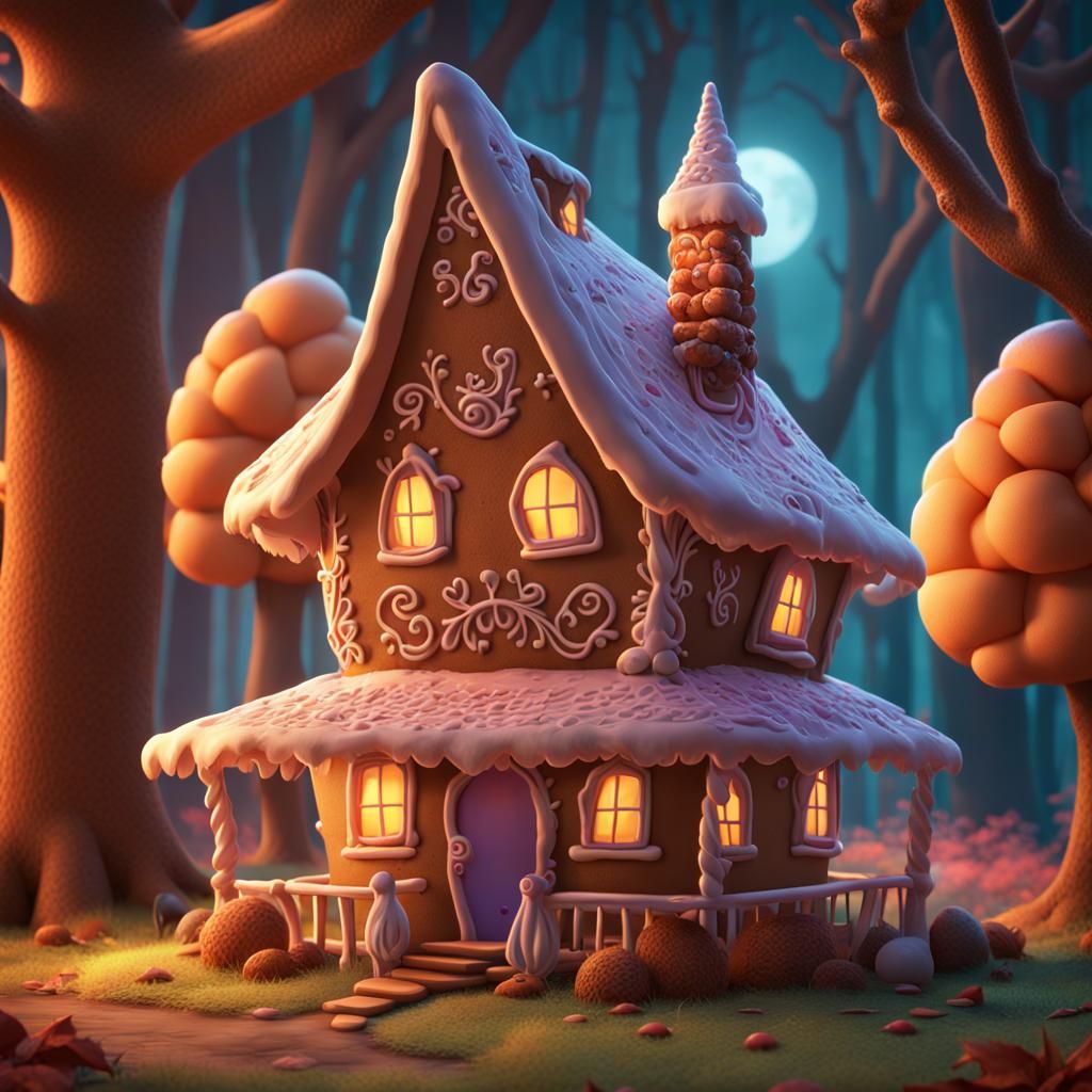 Gingerbread House in Woods with Witch in 3D Style