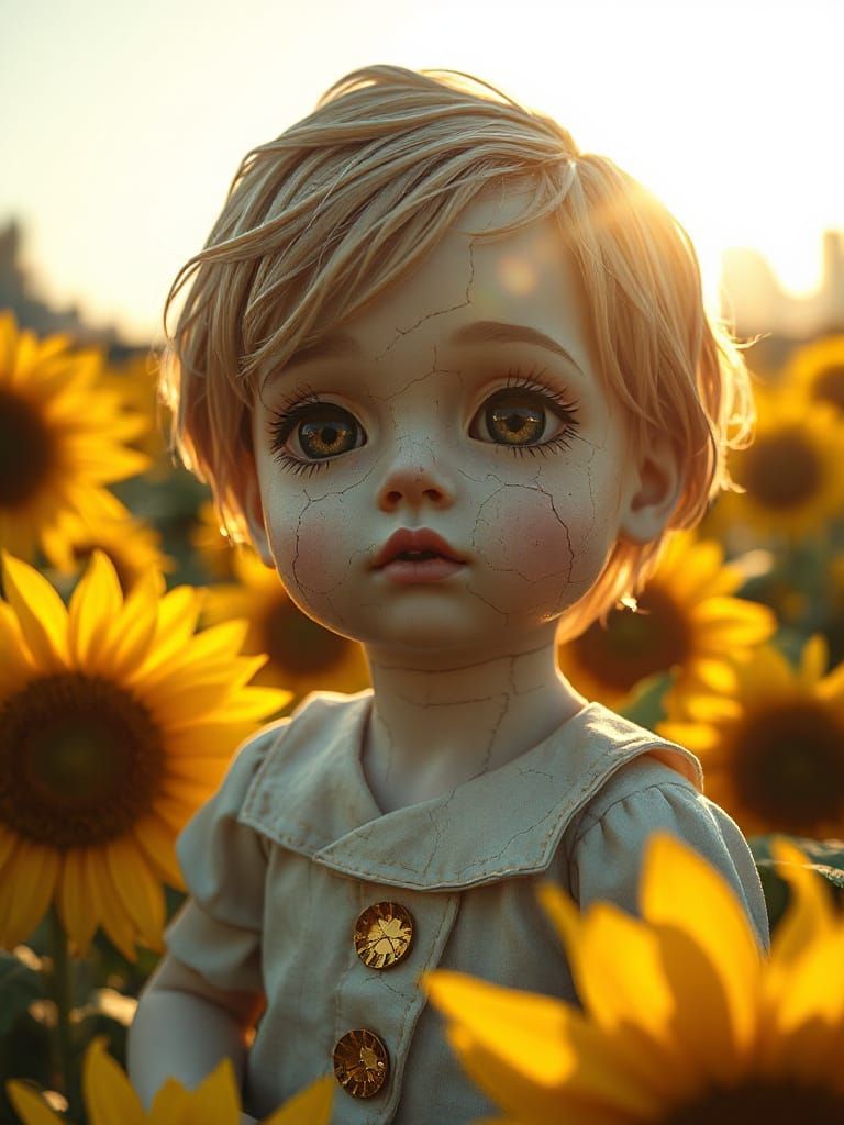 Cracked Gold Leaf Doll in Sunflower Field