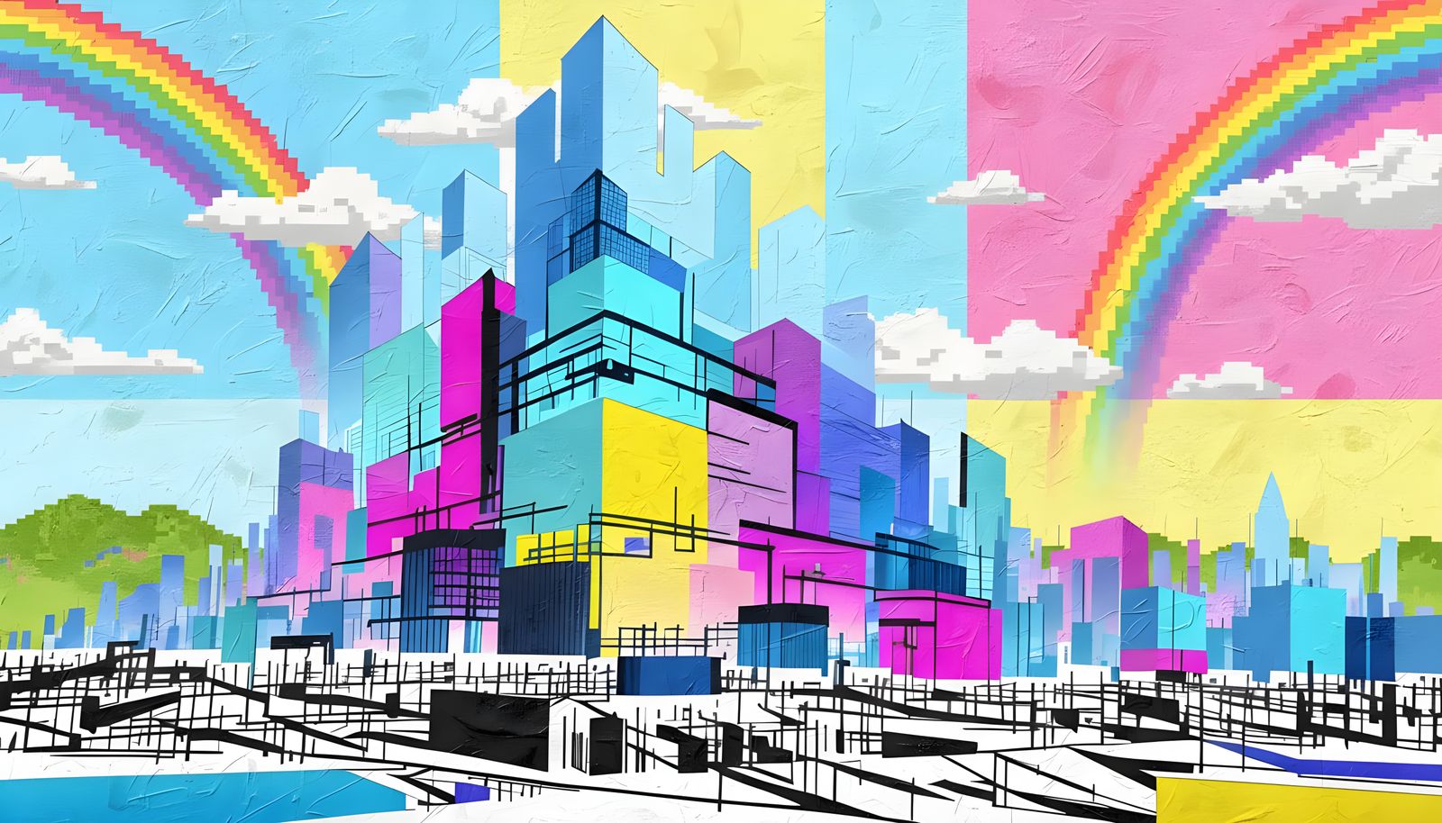 Futuristic Cityscape with Rainbows in Pixel Art Style