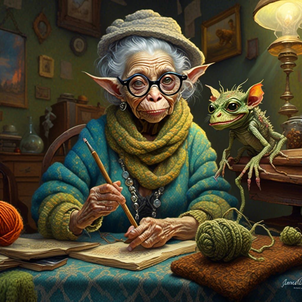 Gremlin Grandma Knitting: A Luminist Oil Painting