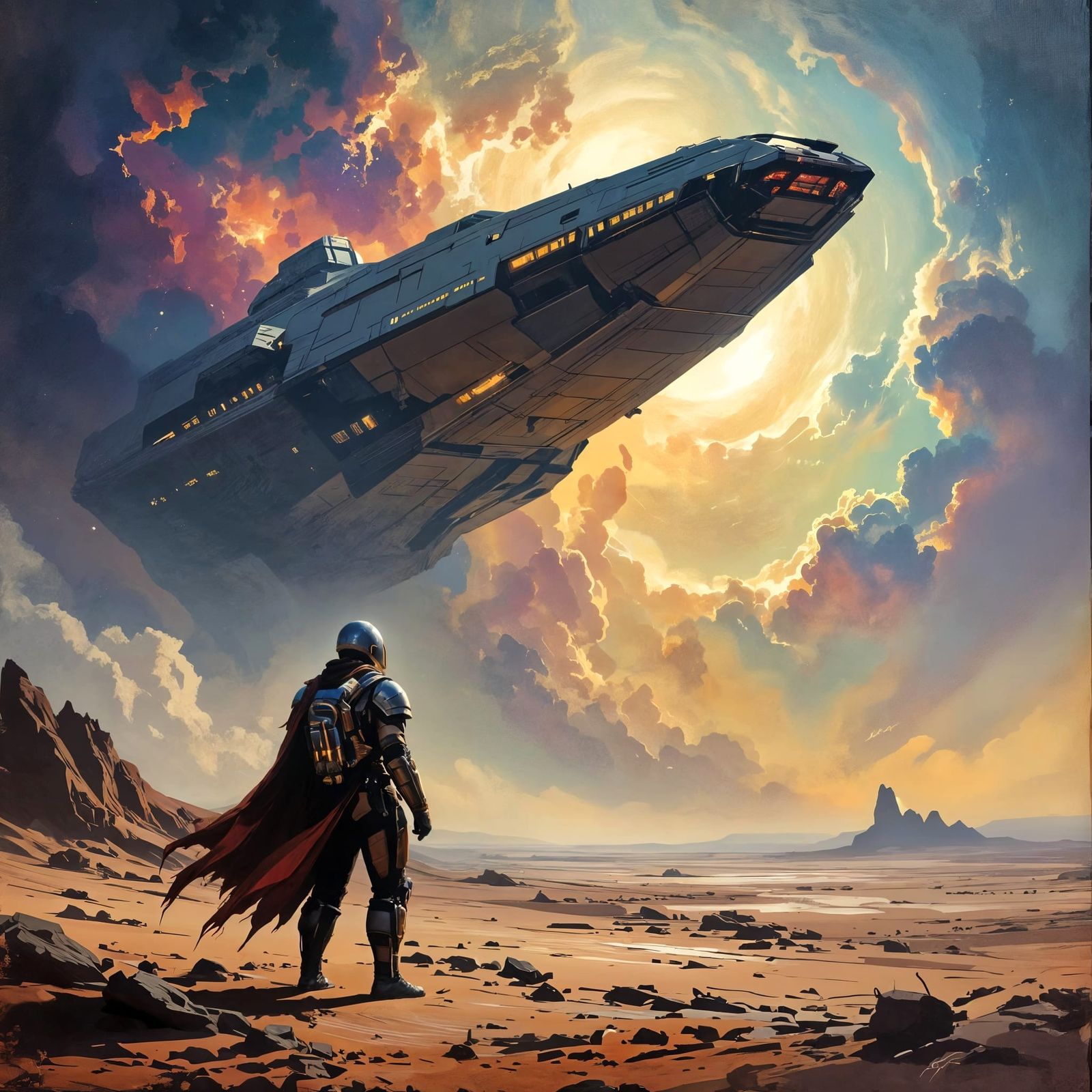 Warrior on Alien Planet Gazing at Ancient Starship in Nebula...