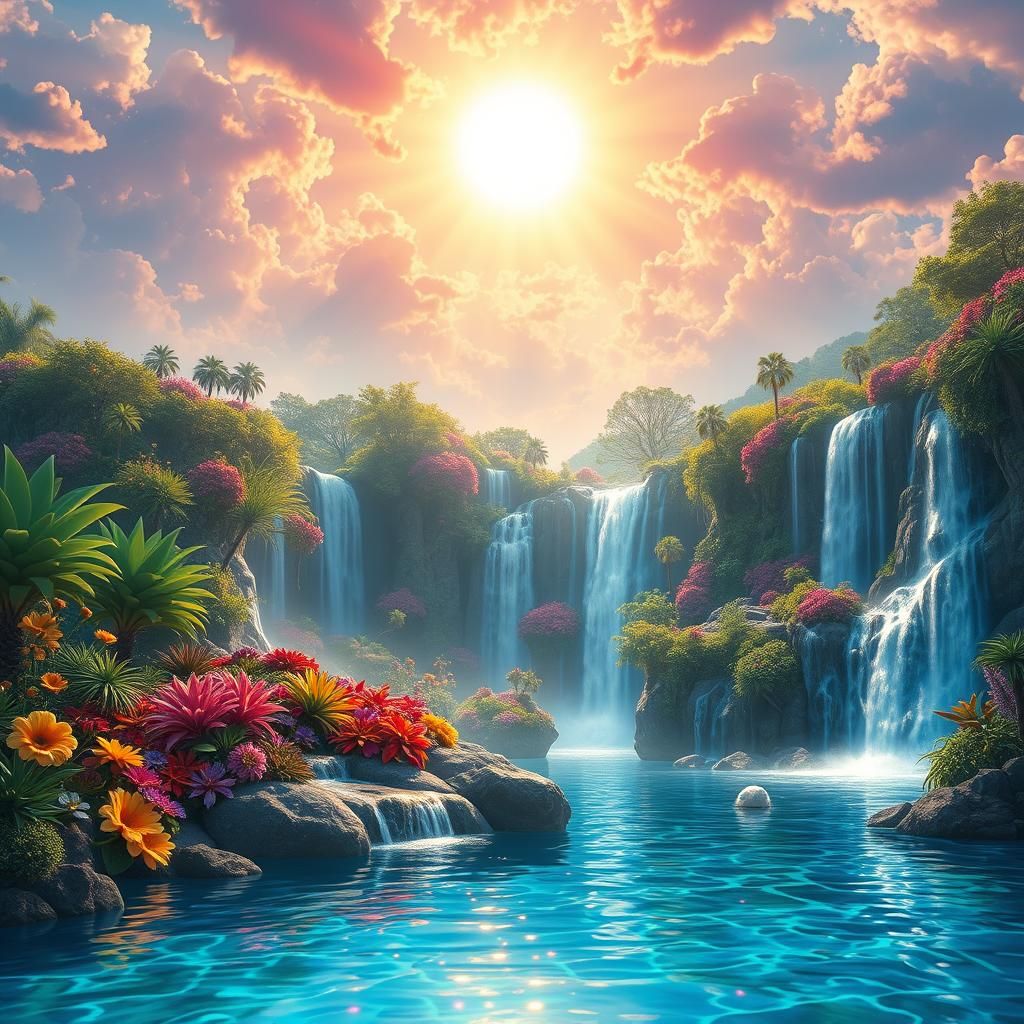 Mystical Realm with Iridescent Waterfalls and Exotic Gardens