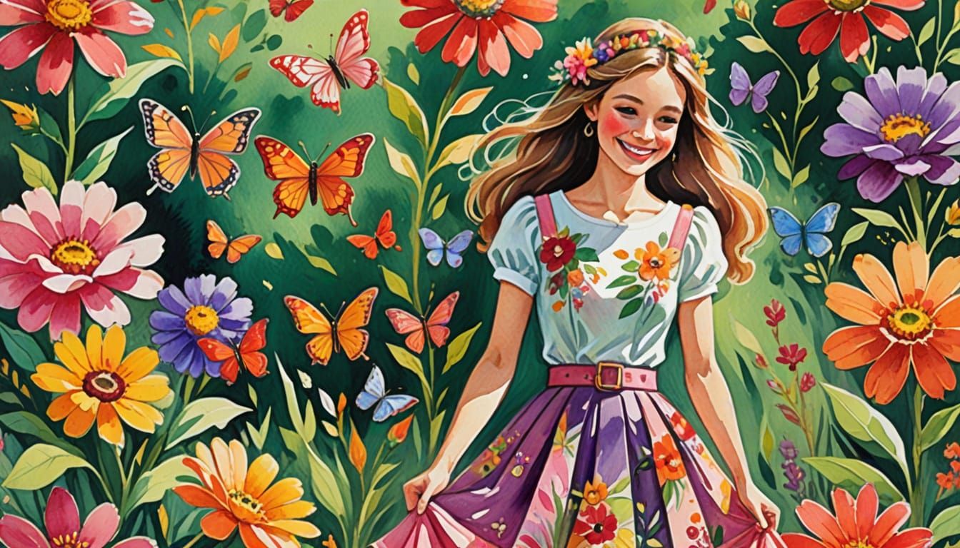Princess in Nature Amidst Vibrant Flowers, Gouache Masterpie...