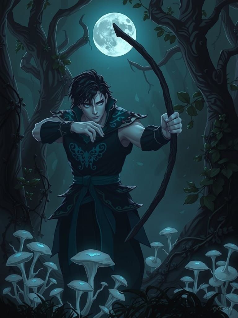 Mysterious Figure in Emerald Undergrowth with Glowing Sapphi...