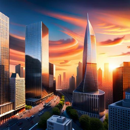 Bustling Cityscape at Sunset in Photorealistic Style