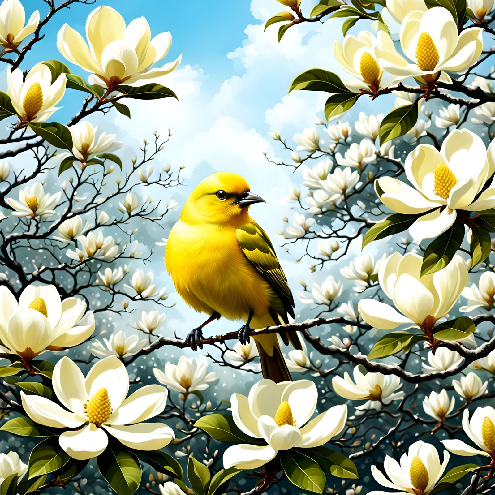 Yellow Bird in Magnolia Tree Matte Painting