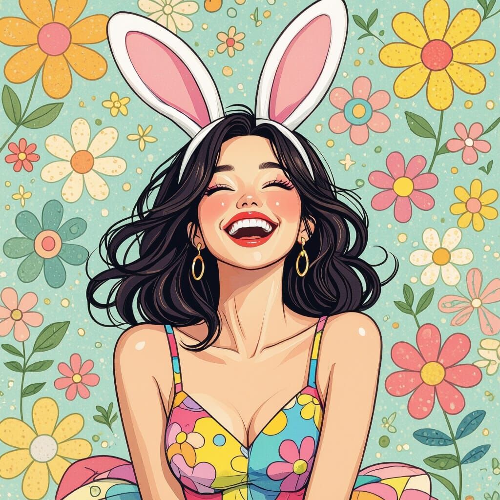 Joyful Woman with Bunny Ears in Whimsical Style