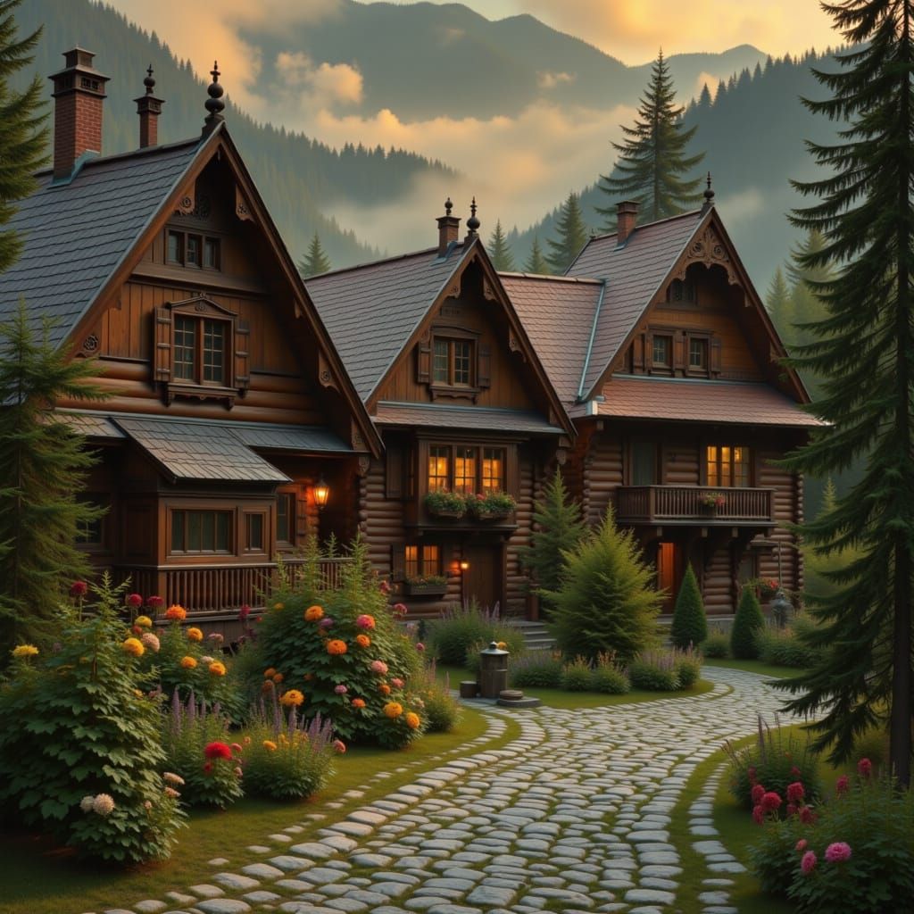 September Log Houses in Natural Landscape