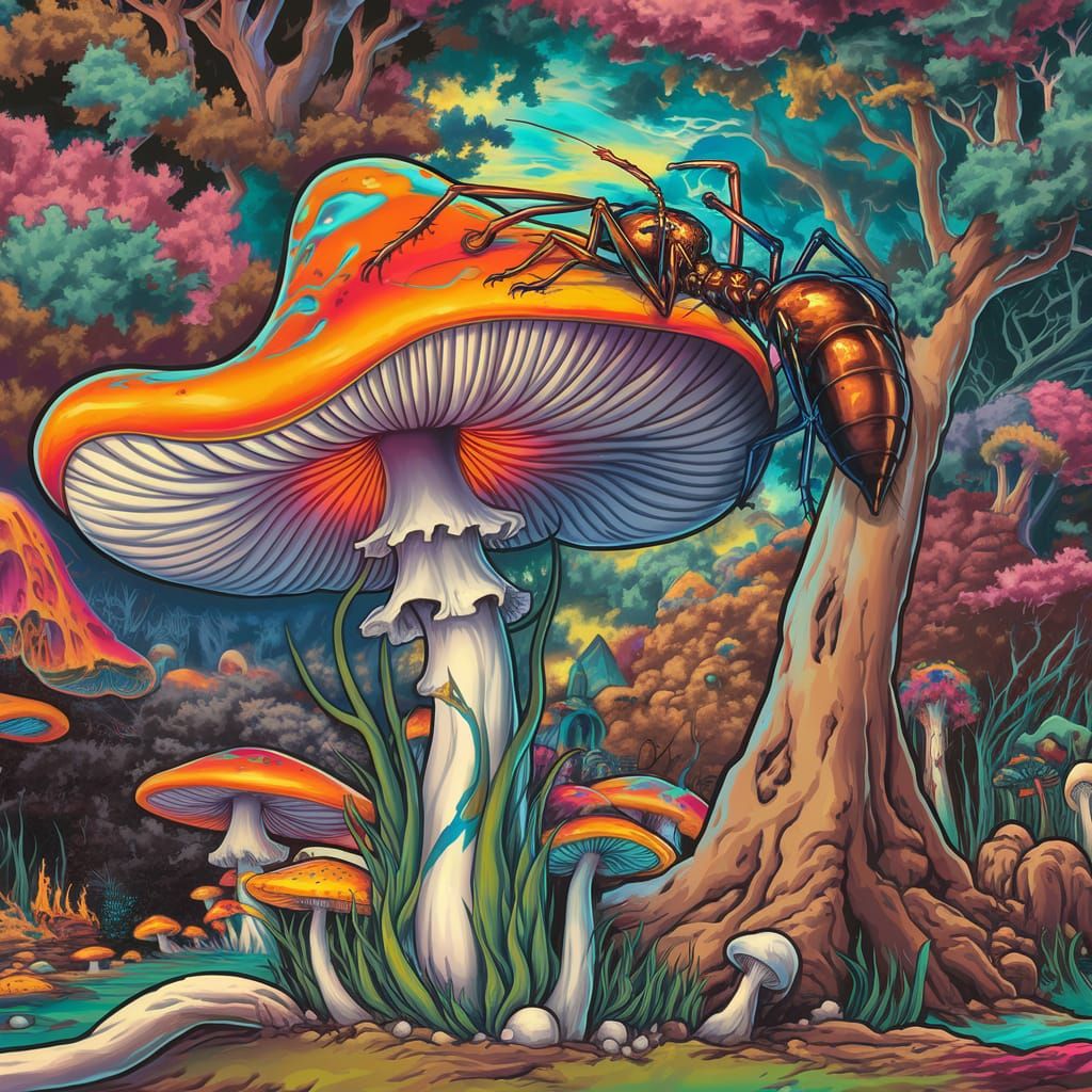 Psychedelic Magic Mushroom with Metallic Ant