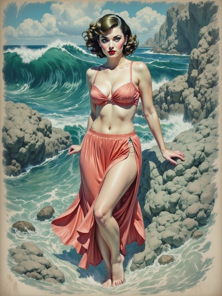 Brunette in Silk Gown on Stormy Beach as Impasto Painting