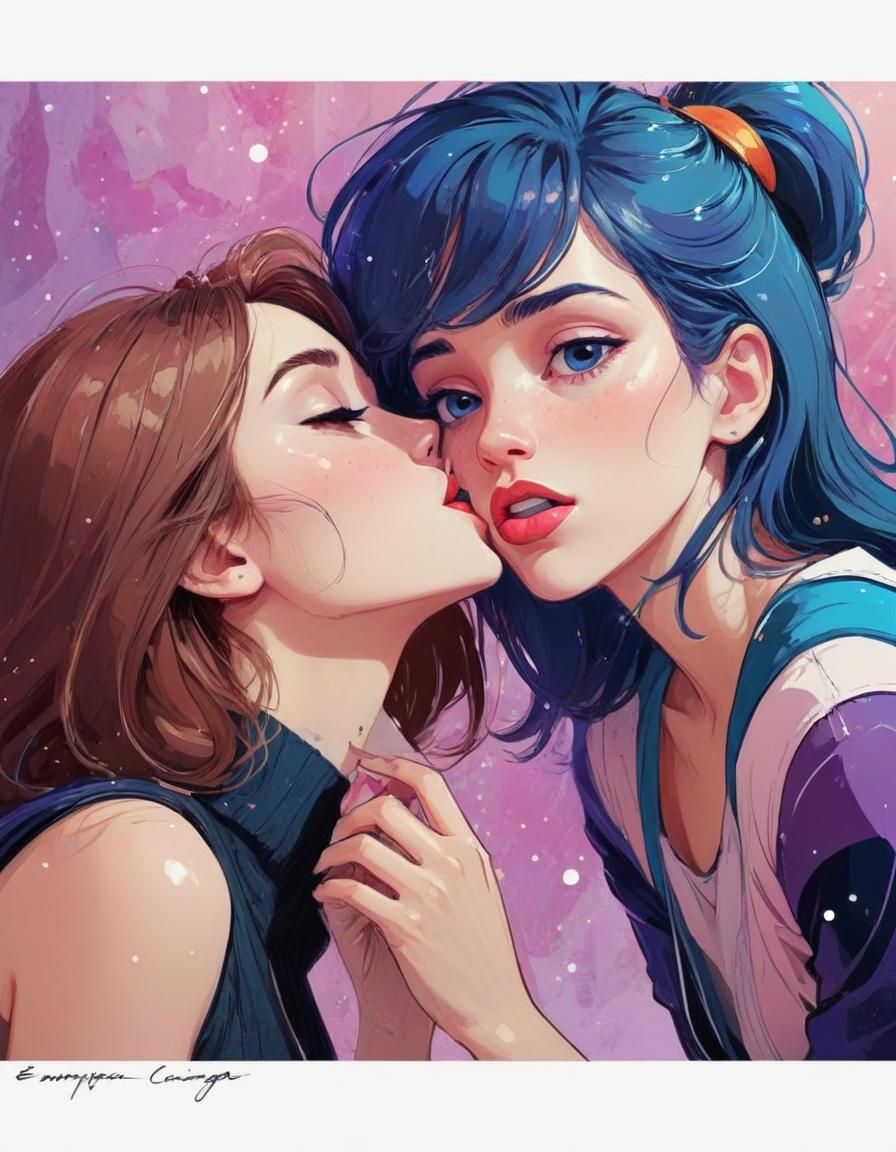 Abstract Kiss in Cel-Shaded Cartoon Style