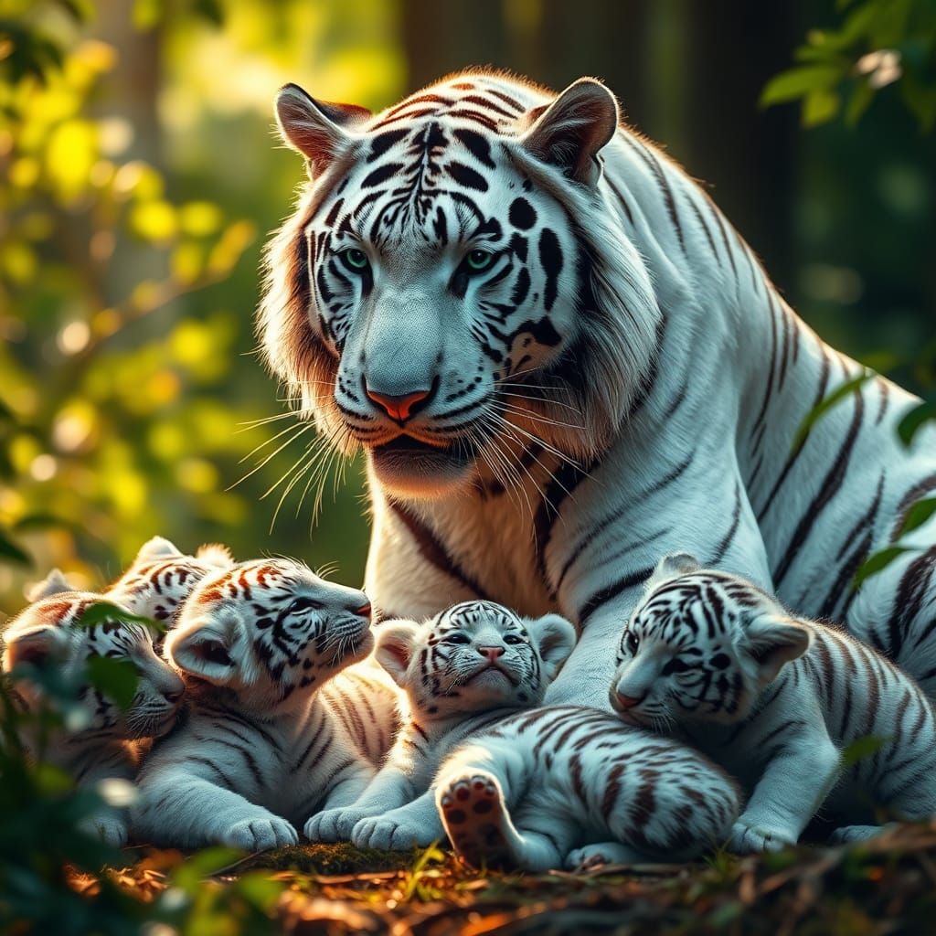 Regal White Tiger Mother and Cubs in Forest