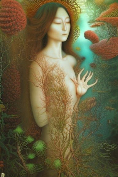 Surreal Meditation Woman in Mycelium Network