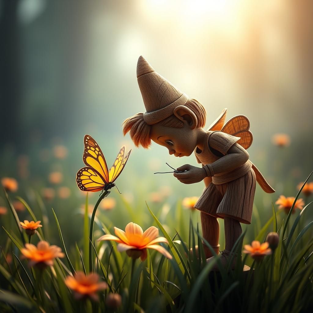 Ethereal Wood Carving of Pinocchio and Butterfly
