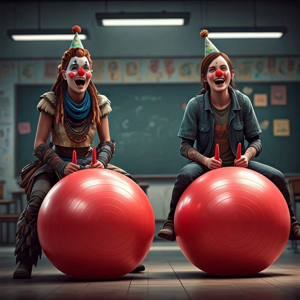 Aloy and Ellie as Clowns in Hyperrealistic Classroom