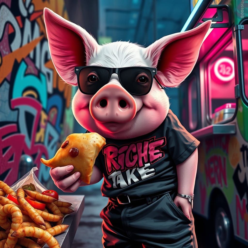Urban Swag Pig Savoring Street Food in Graffiti Chic
