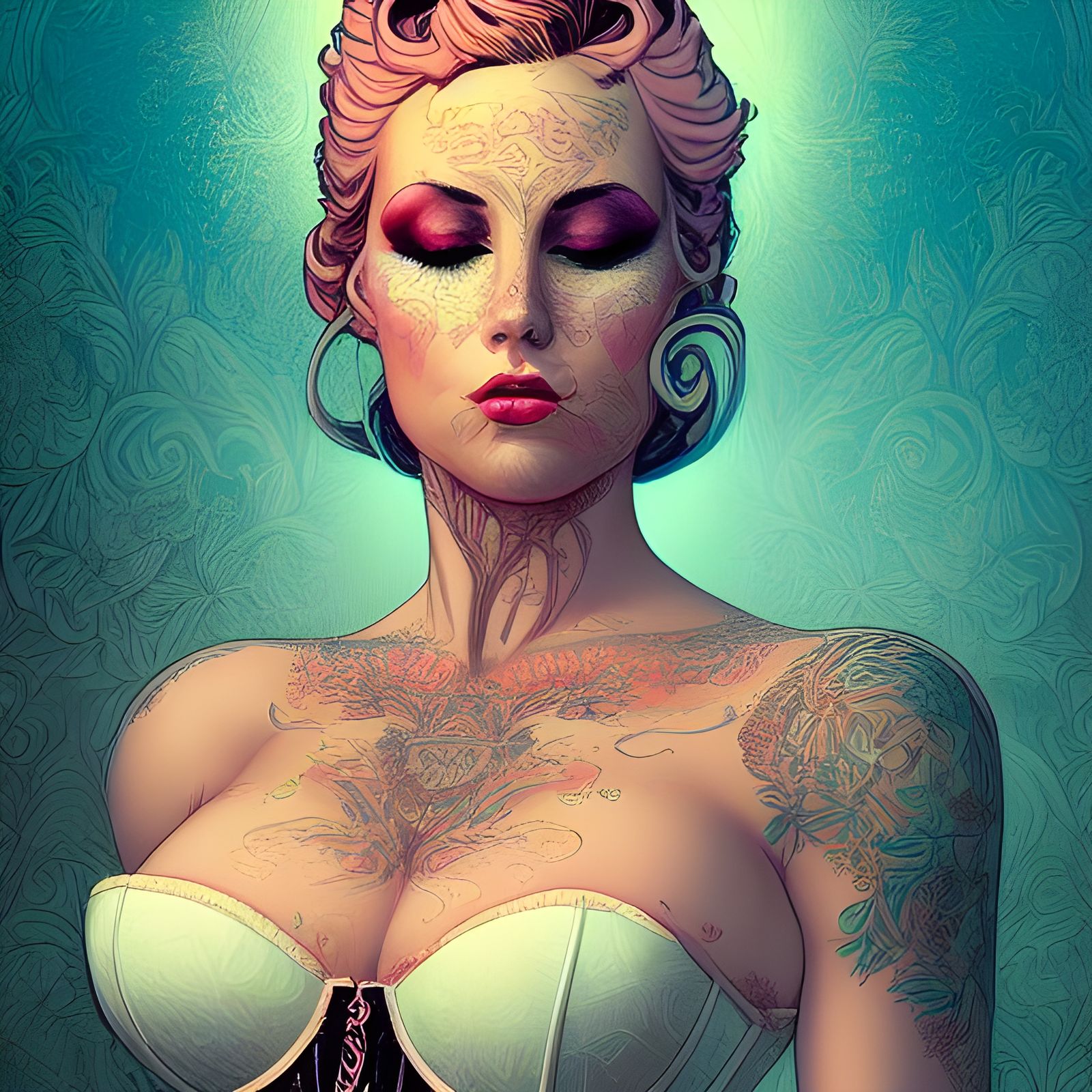 Tattooed Woman in Peach Corset: Hyperrealistic Portrait