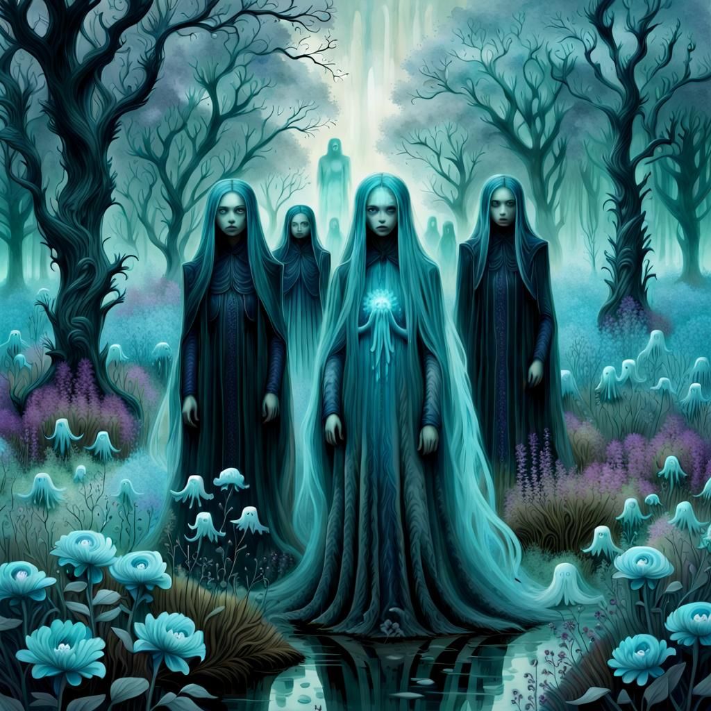 Ghostly Figures in Teal Flower Field, Gothic Digital Art